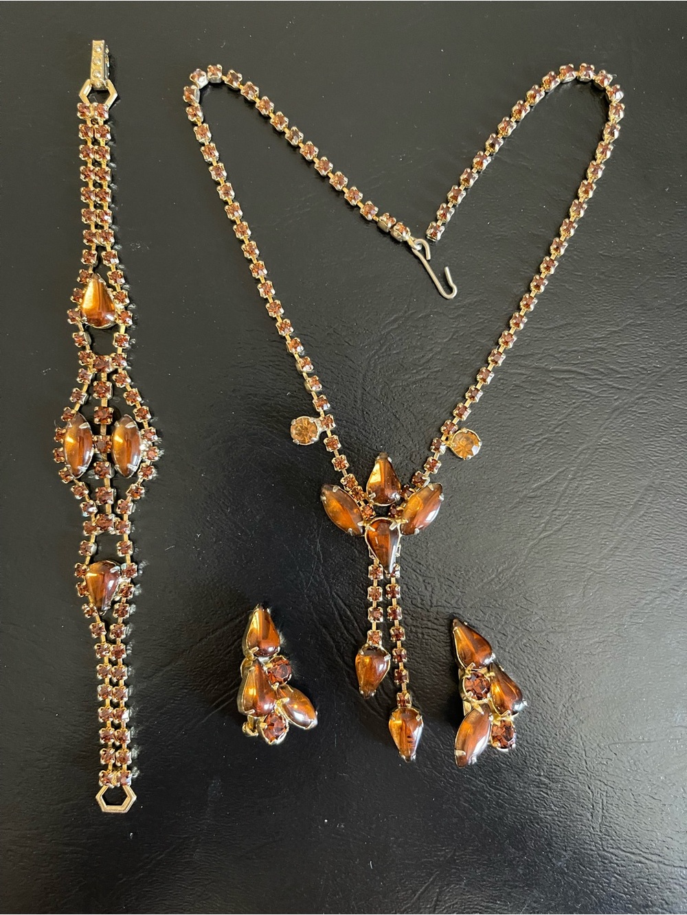Vintage Amber color rhinestone Necklace, Bracelet & Earring Set